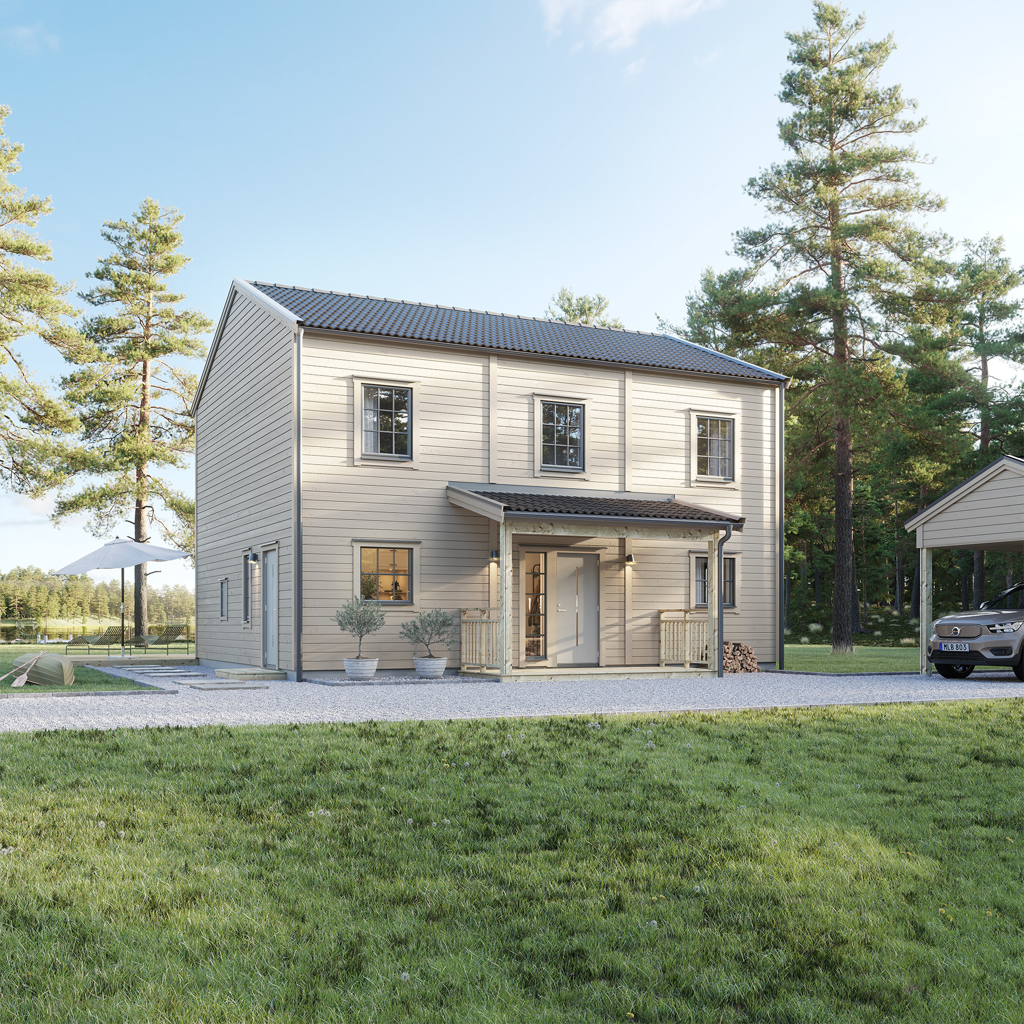 Beige Villa Ellagård modern med entréveranda hjälmaren och carport